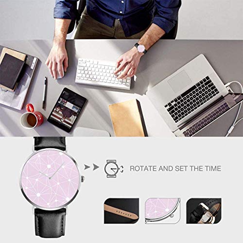 Women Casual Elegant Silver Round Case PU Leather Band Pastel Pink Network Web Texture Seamless Dial Analog Quartz Fashion Wrist Watches