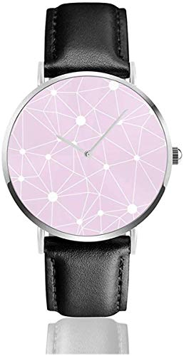 Women Casual Elegant Silver Round Case PU Leather Band Pastel Pink Network Web Texture Seamless Dial Analog Quartz Fashion Wrist Watches