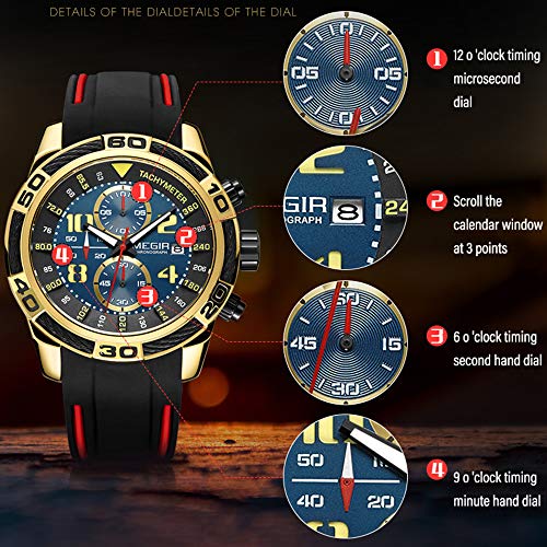 XHH Relojes Hombre, Reloj para Hombre Cronógrafo Multifunción Calendario Cronógrafo Deportivo Reloj para Hombre Reloj De Cuarzo De Silicona Diseño De 4 Esferas 30 ATM