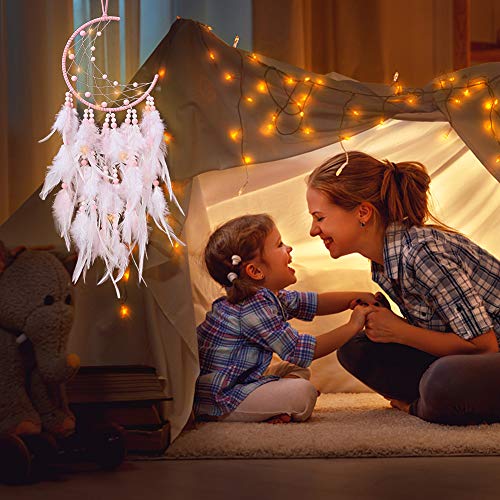 Xiangmall Atrapasueños Led con Plumas Hecho a Mano Dream Catcher Adornos Colgar Pared para Decoración Hogar Dormitorio Habitación Infantil (Rosado)