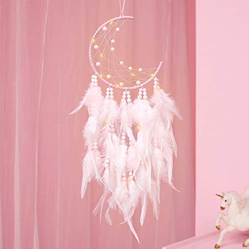 Xiangmall Atrapasueños Led con Plumas Hecho a Mano Dream Catcher Adornos Colgar Pared para Decoración Hogar Dormitorio Habitación Infantil (Rosado)