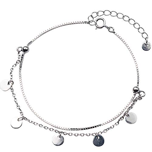 xinMarJ S925 Pulsera de Plata Pulsera con Lentejuelas Dobles Borla Suavizante Oblea Forma geométrica Sra. Pulsera