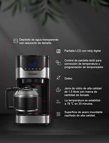 Yabano Cafetera Goteo, 1.5L(12 Tazas) Cafetera con Filtro Reutilizable, Digital con Pantalla LCD, Temporizador Programable, Función Recalentar y Mantener Caliente, 900W