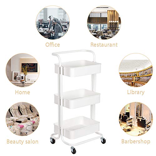 YEAKOO 3 niveles de metal Rolling Utility Carro de almacenamiento multifunción Carrito de servicio con asa superior 2 ruedas con cerradura para el cuarto de baño, cocina, oficina, color blanco