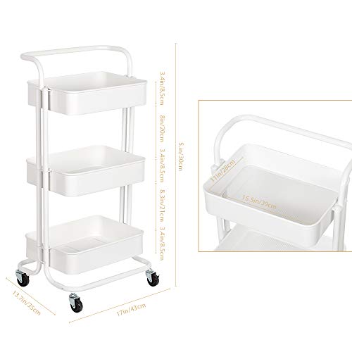 YEAKOO 3 niveles de metal Rolling Utility Carro de almacenamiento multifunción Carrito de servicio con asa superior 2 ruedas con cerradura para el cuarto de baño, cocina, oficina, color blanco