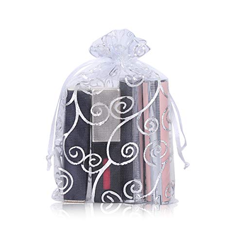 YFZYT Pack de 100 Bolsas de Organza, Bolsillo de la Bolsa de Joyas con Cordón y Patrón de Bronceado para Chocolate, Dulces, Galletas como Embalaje de Regalo - 15 x 20 cm, Blanco Plateado