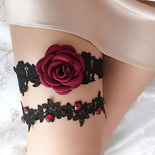 Yiyu Hechos A Mano Liga De Encaje De Novia Rosas Red Garter Muslos Sexys De Los Accesorios del Anillo, Liguero Novia Hechos A Mano Anillo De La Pierna x (Color : Black)