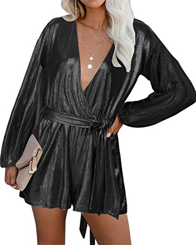 YOINS Vestido Fiesta Mujer Largo Mono Camisa Brillante Vestido Lentejuelas Mujer Casual Cuello En V Jumpsuit Elegante