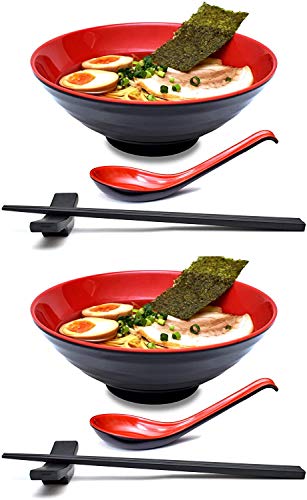 YOUZHI Tazón 2 Juegos (8 Piezas) Tazones 34 Onzas Cuenco De Sopa De Fideos Ramen Japoneses Melamina Plástico Duro con Cuchara Y Palillos A Juego (Rojo, Negro, 7.7 Pulgadas),Rojo