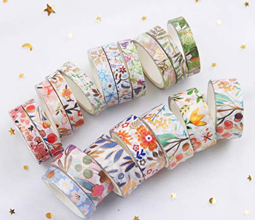 YUBBAEX Washi Tape Set cinta adhesiva decorativa Flor Oro Washi Glitter Adhesivo de Cinta Decorativa para DIY Crafts Scrapbooking 18 Rollos 8/15mm ancho