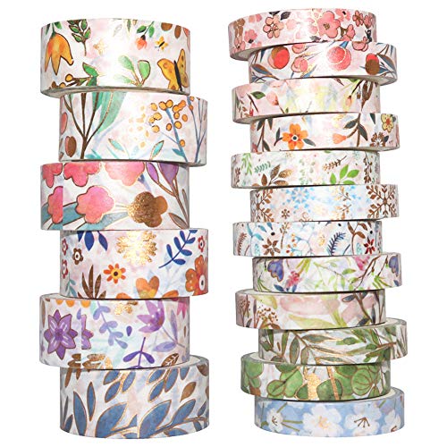 YUBBAEX Washi Tape Set cinta adhesiva decorativa Flor Oro Washi Glitter Adhesivo de Cinta Decorativa para DIY Crafts Scrapbooking 18 Rollos 8/15mm ancho