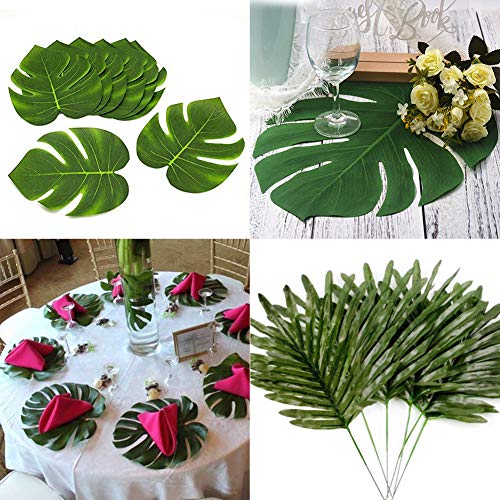 Yuccer 48 Piezas Decoraciones de Fiesta Tropical, Hojas de Palma Monstera Artificial Tropical y Flores Hibiscus para Decoración de Fiesta Hawaiana Luau Selva Temática de Playa