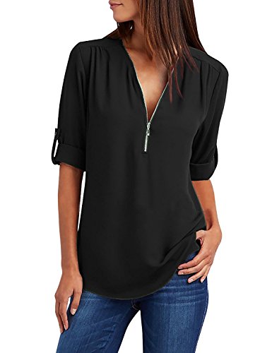 Yuson Girl Camisas Mujer Nuevo Blusas para Mujer Vaquera Sexy Gasa Tops Camisetas Mujer Cremallera Manga Corta Blusas (Negro, M)