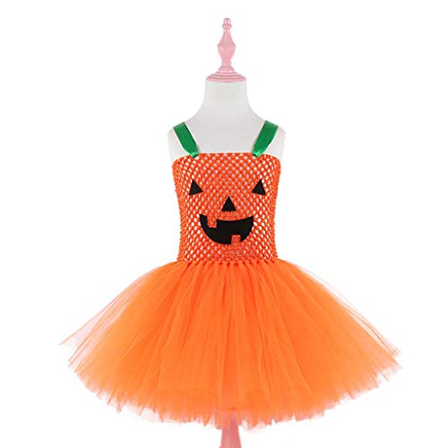 YWLINK Disfraz De Bruja De Calabaza De Halloween Doble Sin Mangas para NiñOs Disfraz De Tutú De Rendimiento Uniforme Falda De Red Vestido De Fiesta Lindo Traje De Juego Regalo(Naranja,7-9 años/XL)