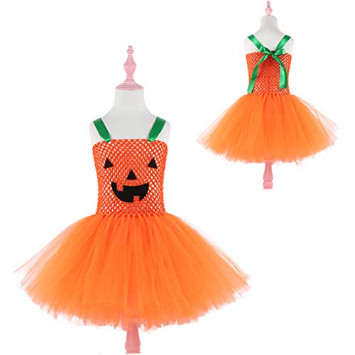 YWLINK Disfraz De Bruja De Calabaza De Halloween Doble Sin Mangas para NiñOs Disfraz De Tutú De Rendimiento Uniforme Falda De Red Vestido De Fiesta Lindo Traje De Juego Regalo(Naranja,7-9 años/XL)