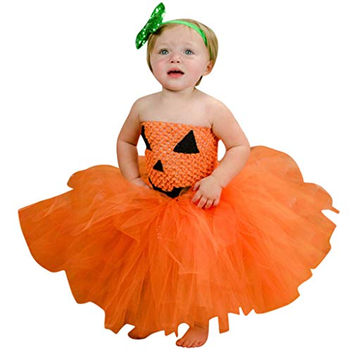 YWLINK Disfraz De Bruja De Calabaza De Halloween Doble Sin Mangas para NiñOs Disfraz De Tutú De Rendimiento Uniforme Falda De Red Vestido De Fiesta Lindo Traje De Juego Regalo(Naranja,7-9 años/XL)