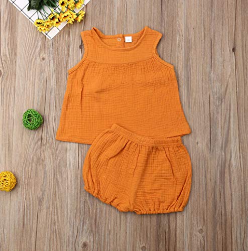 YWLINK Verano Mezcla De AlgodóN Bebé NiñO Conjuntos,Camiseta Sin Mangas En Color Liso Camisola Manga Corta+Pantalones De Burbujas Traje De 2 Piezas Encantadora Comodidad(Amarillo,2-3 años/110)