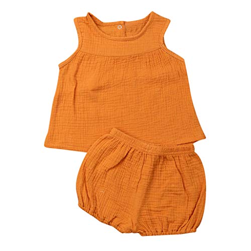 YWLINK Verano Mezcla De AlgodóN Bebé NiñO Conjuntos,Camiseta Sin Mangas En Color Liso Camisola Manga Corta+Pantalones De Burbujas Traje De 2 Piezas Encantadora Comodidad(Amarillo,2-3 años/110)