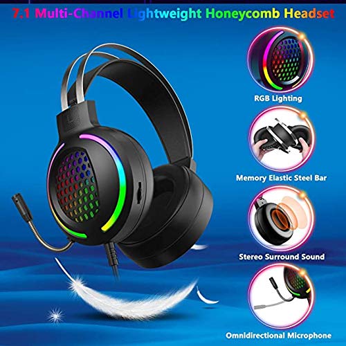 YYKJ Auriculares para Juegos RGB, Sonido Envolvente 7.1, Auriculares Ligeros con micrófono con reducción de Ruido, Envolvente de Graves, cómodos y Transpirables, adecuados para PC PS4 Blue