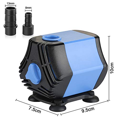 Zacro Bomba Sumergible Bomba de Agua 650L / H, Bomba de Agua Ultra Silencioso de 10W con 4 Ventosas y 2 Boquillas (13/8 mm) para Acuario, Pecera, Jardín, Estanque