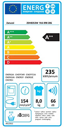 Zanussi ZDH8353W Secadora con Bomba de Calor de Libre Instalación, 8 Kg, Motor Inverter, Programa Antiarrugas, Tambor XXL, Puerta XXL, Filtro EcoFlow, Display LCD, Inicio Diferido, Blanco, A++