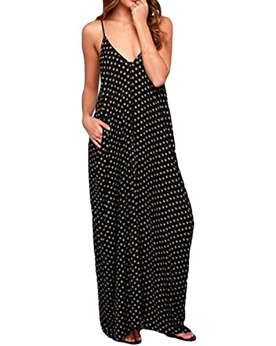 ZANZEA Mujeres Elegante Bohemio Algodón Casual Vestido Suelto Largo Playa Lunares Cuello V sin Mangas Negro EU 48