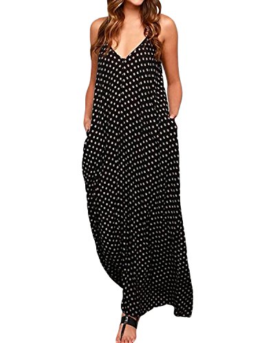 ZANZEA Mujeres Elegante Bohemio Algodón Casual Vestido Suelto Largo Playa Lunares Cuello V sin Mangas Negro EU 48