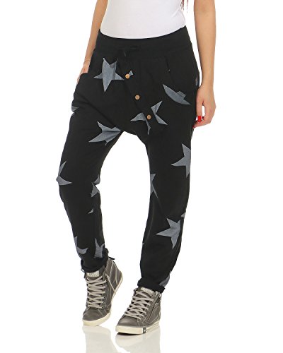 Zarmexx - Pantalón deportivo holgado con tira de botones para mujer, diseño de estrellas, talla única negro Einheitsgröße