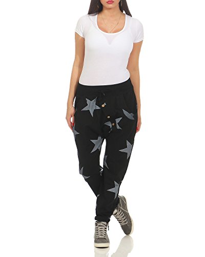 Zarmexx - Pantalón deportivo holgado con tira de botones para mujer, diseño de estrellas, talla única negro Einheitsgröße