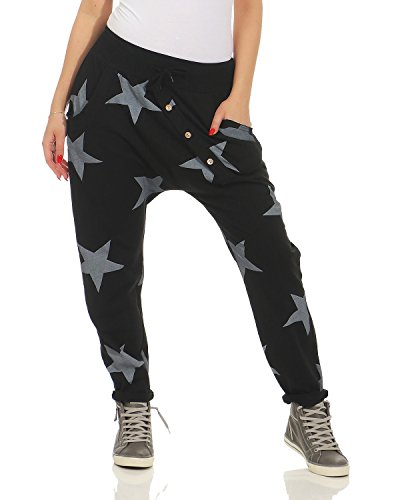 Zarmexx - Pantalón deportivo holgado con tira de botones para mujer, diseño de estrellas, talla única negro Einheitsgröße