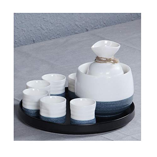 ZAT Sake japonés Juego de Tazas, de cerámica, Esmalte del Copo de Nieve de Rosca, Chino Vino cálido Petaca, 9 Piezas Set (Blanco Azul) (Color : B)