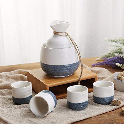 ZAT Sake japonés Juego de Tazas, de cerámica, Esmalte del Copo de Nieve de Rosca, Chino Vino cálido Petaca, 9 Piezas Set (Blanco Azul) (Color : B)