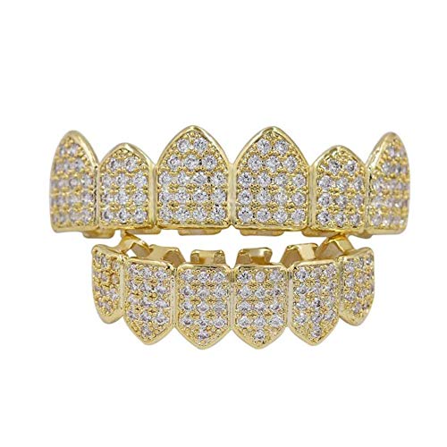 Zidao Dientes Dientes de Hip Hop Grill Conjunto Microset Diamond Tirantes Vampiro Grillz Barbacoa de joyería de Moda Hombre y la Mujer pinte los Regalos,Oro