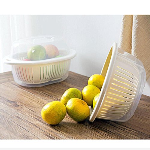 Z@SS-Cesta de fruta con tapa doble cesta de drenaje cocina de plástico cesta de frutas y verduras de almacenamiento 33 * 26 * 19.5 cm , white