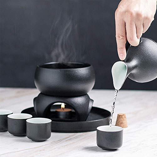 ZXL Juego de Sake japonés de 7 Piezas, Copas de Vino Black Glaze con Calentador y Horno de Velas, Copas Mat Texture para frío/Calor