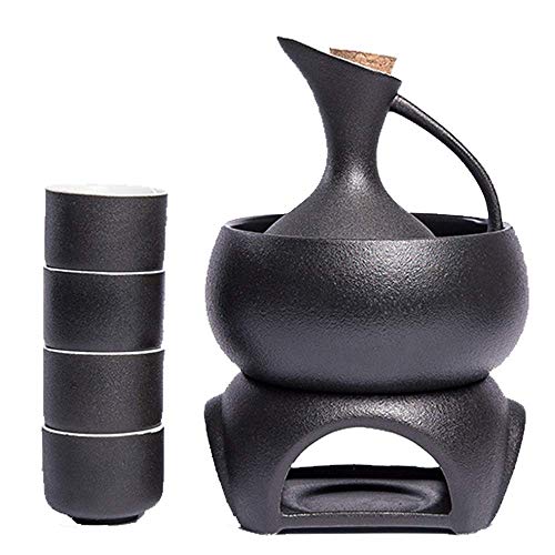 ZXL Juego de Sake japonés de 7 Piezas, Copas de Vino Black Glaze con Calentador y Horno de Velas, Copas Mat Texture para frío/Calor