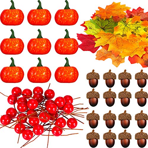 162 Piezas Conjuntos de Fruta Nuez Realista, incluye Mini Calabaza Artificial, Hojas de Arce de Simulación, Bellota Falsa, Bayas Realistas para Decoración de Halloween Acción de Gracias Fiesta de Casa