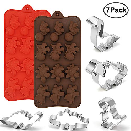 2 Paquetes de Silicona Moldes de Dinosaurio 5 Paquetes Cortadores de Galletas de Acero Inoxidable, Molde de Chocolate de Calidad Alimentaria, Suministros para Fiestas Decoraciones Hechas A Mano