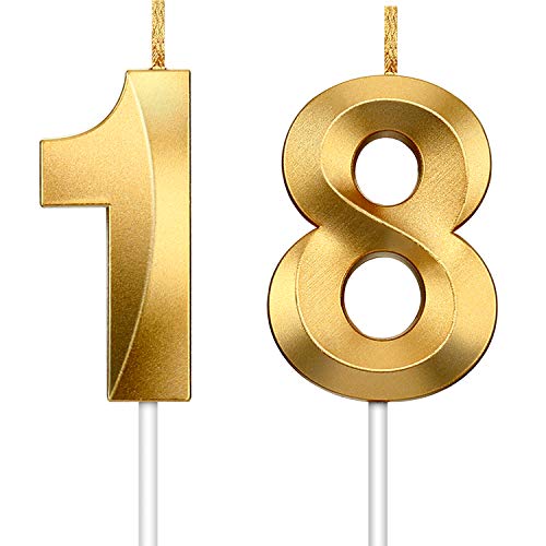 2 Piezas Velas de Número Velas Doradas Brillantes Velas de Tartas de Cumpleaños Toppers de Pastel Decorativo para Boda Cumpleaños Aniversariio Celebración Graduación (Número 18) (Número 18)