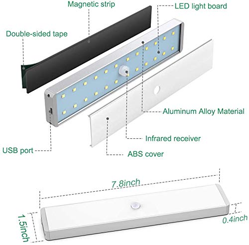 24 LEDs USB Recargable Magnético Movimiento Sensor Luces Nocturnas, Oscuridad a amanecer Célula fotoeléctrica incluido Auto en/apagado Portátil Sin cable, palo en cualquier sitio para Armario