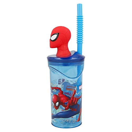 2751; vaso con caña figura 3d spiderman; producto de plástico, reutilizable; No BPA; capacidad 360 ml; dimensiones 23x7,5 cm