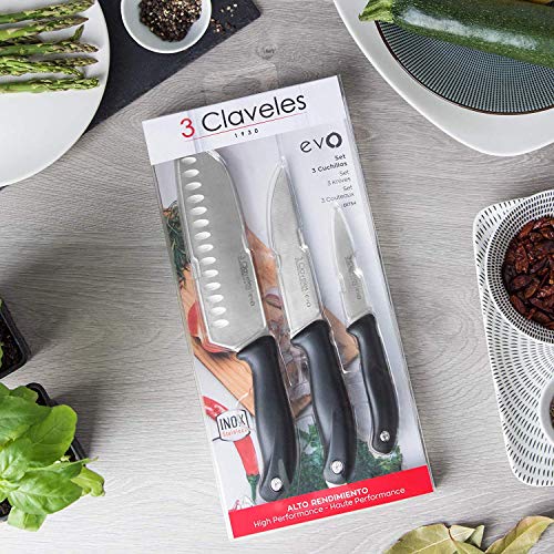 3 Claveles EVO - Juego de Cuchillos de Alto Rendimiento en Acero Inoxidable Molibdeno Vanadio, Filo Duradero y Corte Preciso. Santoku, Cocinero y Verduras.