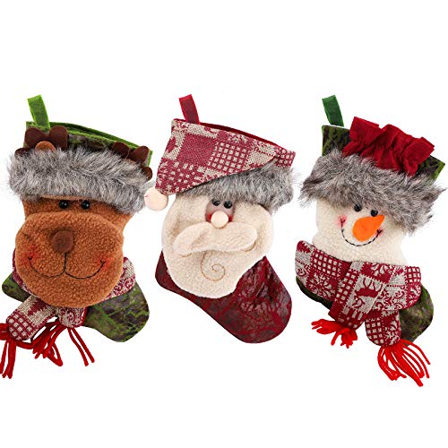 3 piezas de medias navideñas para colgar medias navideñas personalizadas bolsa de regalo bordada adorno de cuero 3D muñeco de nieve reno de Papá Noel bolsillo para dulces decoración del árbol Navidad