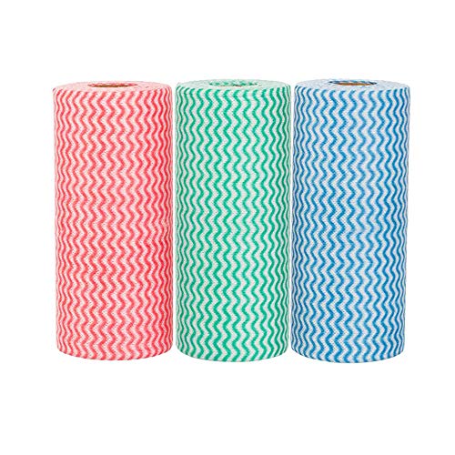 3 Rollos Toalla de limpieza desechable, Telas de Cocina No Tejidas de Tela Antiadherente de Aceite, para Cocina Casera, Mesa de Comedor (Rojo Verde Azul)