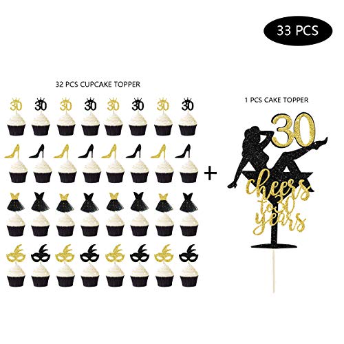 33 piezas negro purpurina oro Cheers to 30 años Topper para tarta 30 cumpleaños Cake Decorations Cupcake Topper Kit para mujer 30 ° aniversario celebración de boda decoración para fiestas ideas