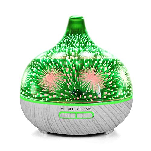 3D vidrio fuegos artificiales ultrasonido esencial Aromaterapia difusor, 400 ml capacidad humidificador aroma con 7 colores cambiado LED luz de estado de ánimo (base gris)