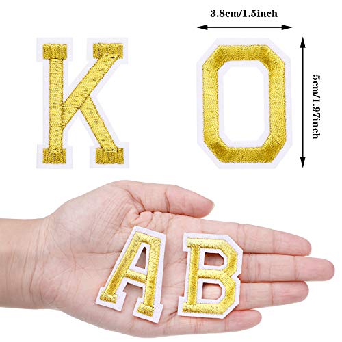 52 Piezas Parche de Planchar en Letras Apliques de Alfabetos de Costura con Letra Adhesiva Planchada Parche Decorativa de Reparación Bordado de A-Z para Zapatos Sombrero Bolsa Ropa (Dorado)