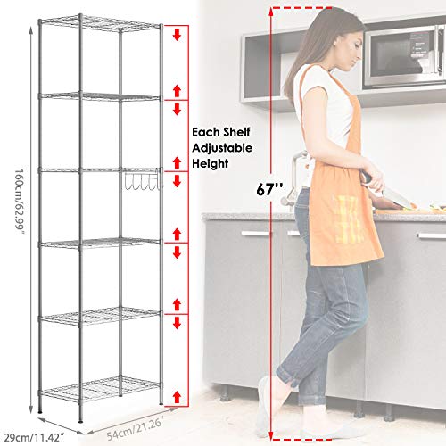 6 estantes de cocina con ganchos laterales de cromo 54 x 29 x 160 cm. (Plata)