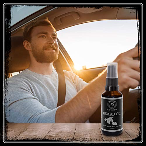 Aceite Natural de Barba y Bigote 50ml - 100% de Almendra Pura y Natural - Argan - Jojoba - Naranja - Aceite de Menta - Grandes Beneficios para Barba - Bigote - Cuidado de La Piel - Botella de Vidrio