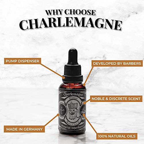 Aceite para la barba Charlemagne - GANADOR DE PRUEBAS DE COMPARACIÓN - 30ml Fragancia a tabaco y vainilla 100% Vegano - Cuidado de la barba para Hombres